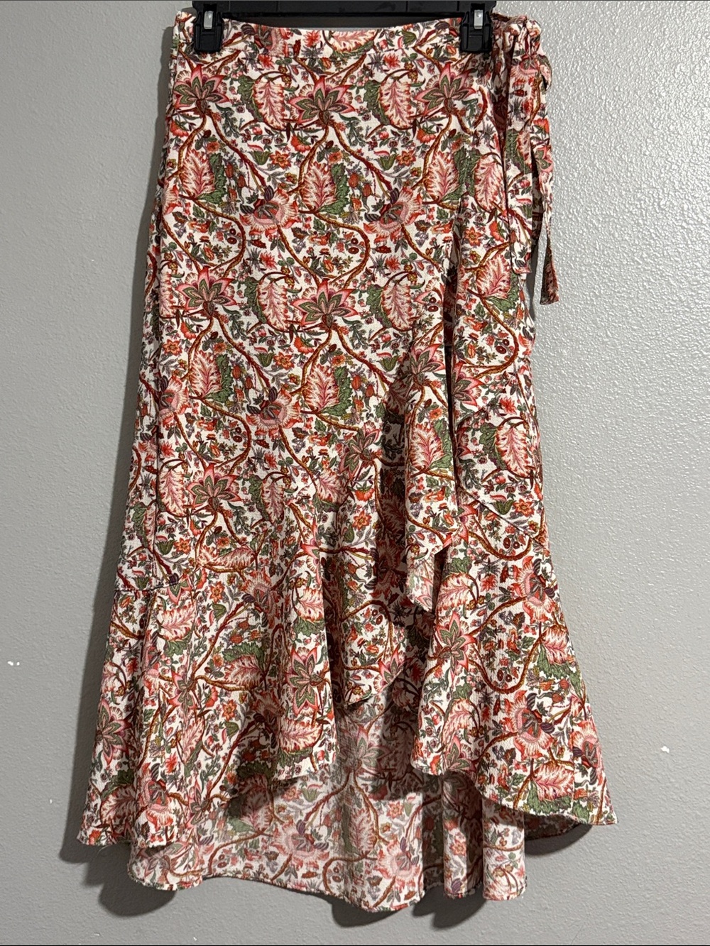 Max Studio Floral High-Low Wrap Skirt in Rust, Green & Cream